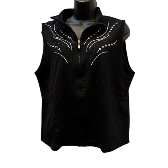 Alfred Dunner Petite Womens Black Sleeveless Zip-Up Vest With Rhinestone Embelli - Picture 1 of 7